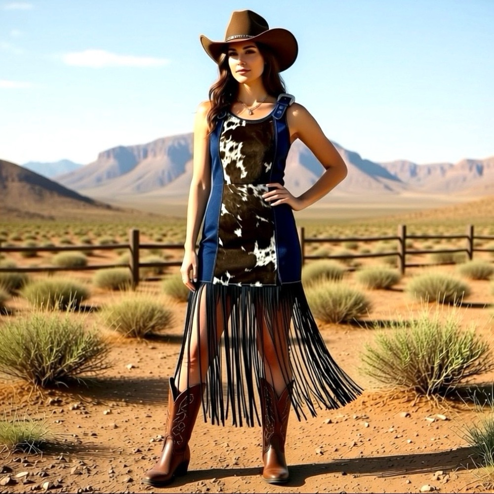 Real Cowhide Dress, Leather Fringe. Lace up corset back. Fully Lined. Side Zip